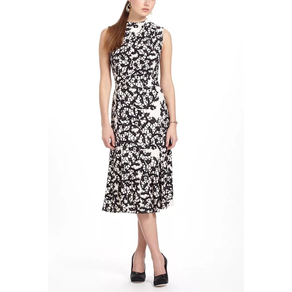 Leifsdottir Anthropologie Womens Black White INK  Mock Neck Midi Dress‎ Ink Web